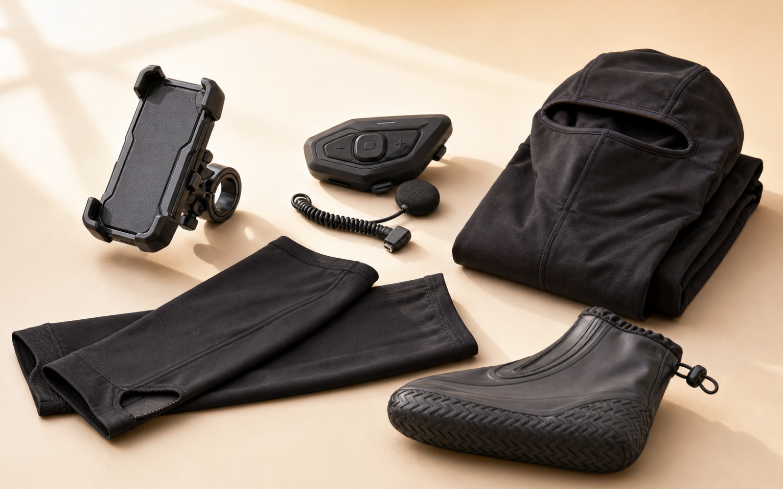 Soporte para celular, intercomunicador y accesorios de protección para moto.